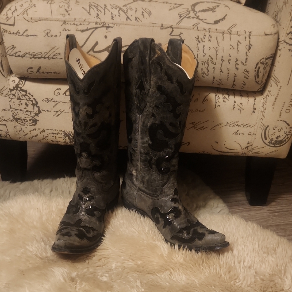 Corral Vintage Grey with Black Sequins, Western Boots Size 8.5